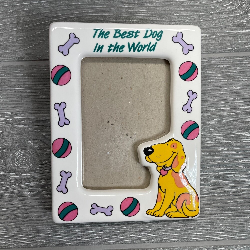 Vintage Papel Freelance Frame "Best Dog in the World" Bones, Balls, & Yellow Dog